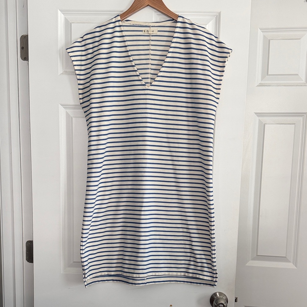 Madewell Vacances Striped Dress V Neck White & Blue Large Women’s - Picture 2 of 10